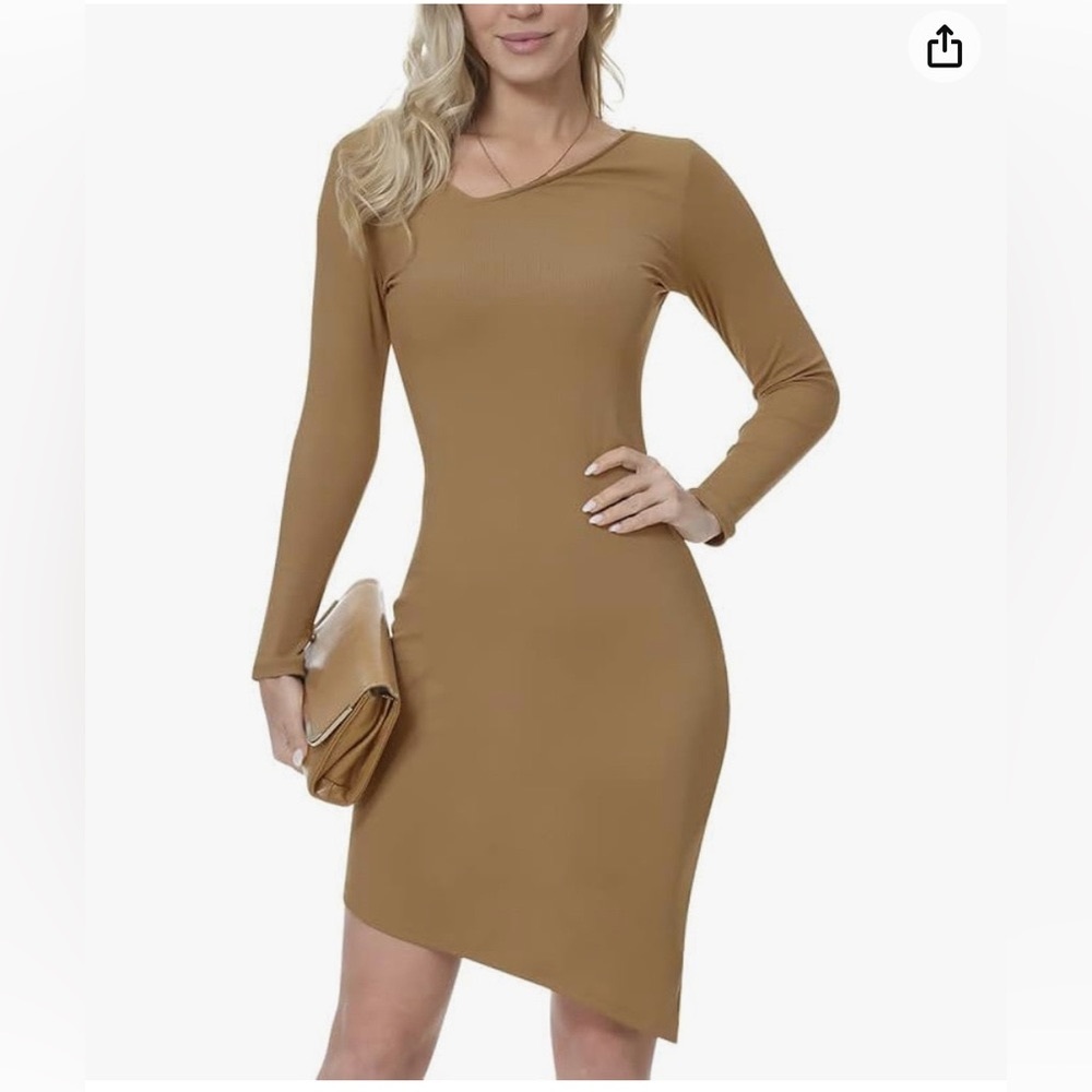 Womens Long Sleeve Asymmetrical V Neck Stretchy Dress Back Lace Up Knit Dress